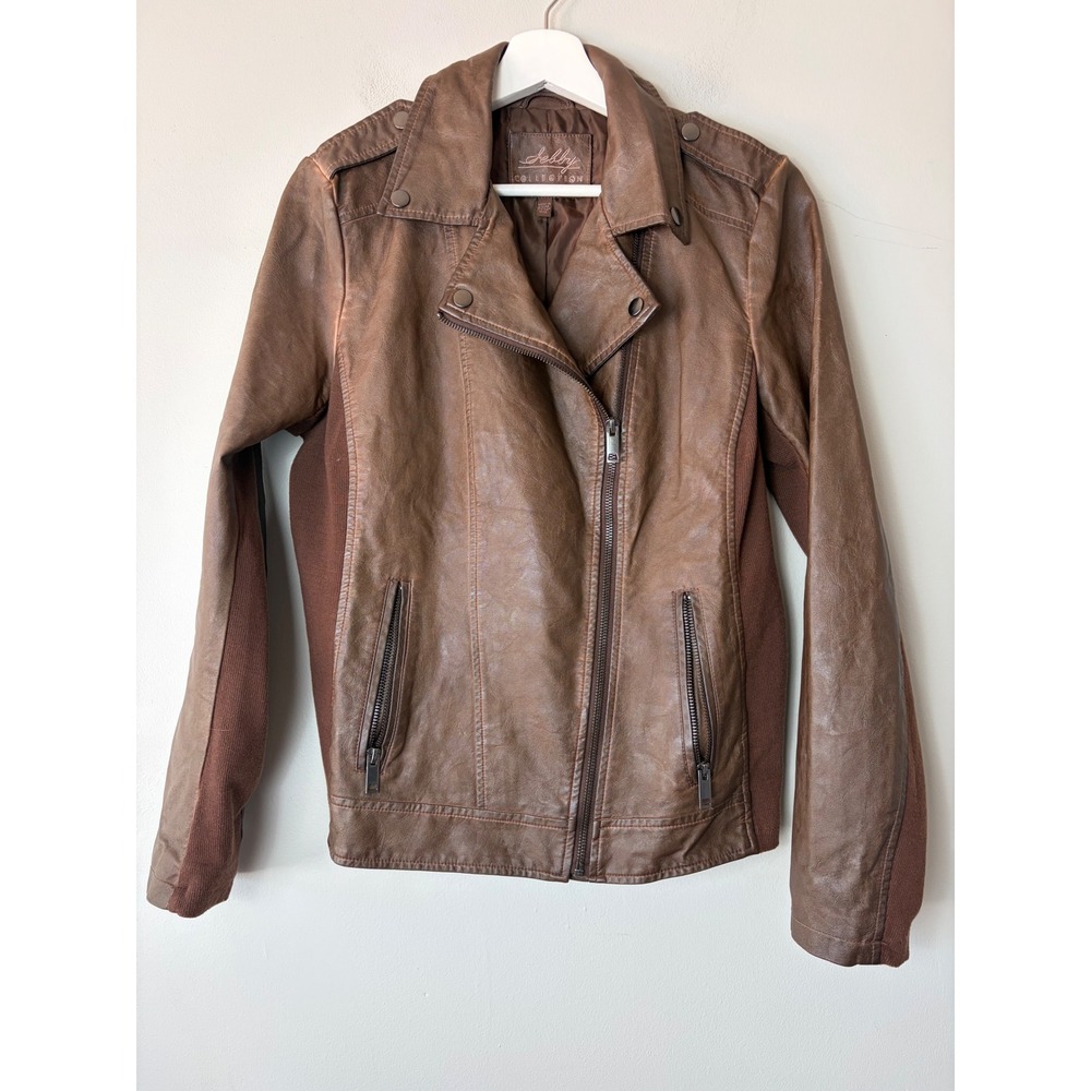 Sebby‎ Collection Women's Faux Leather Moto Jacket Brown Knit Panels Size M